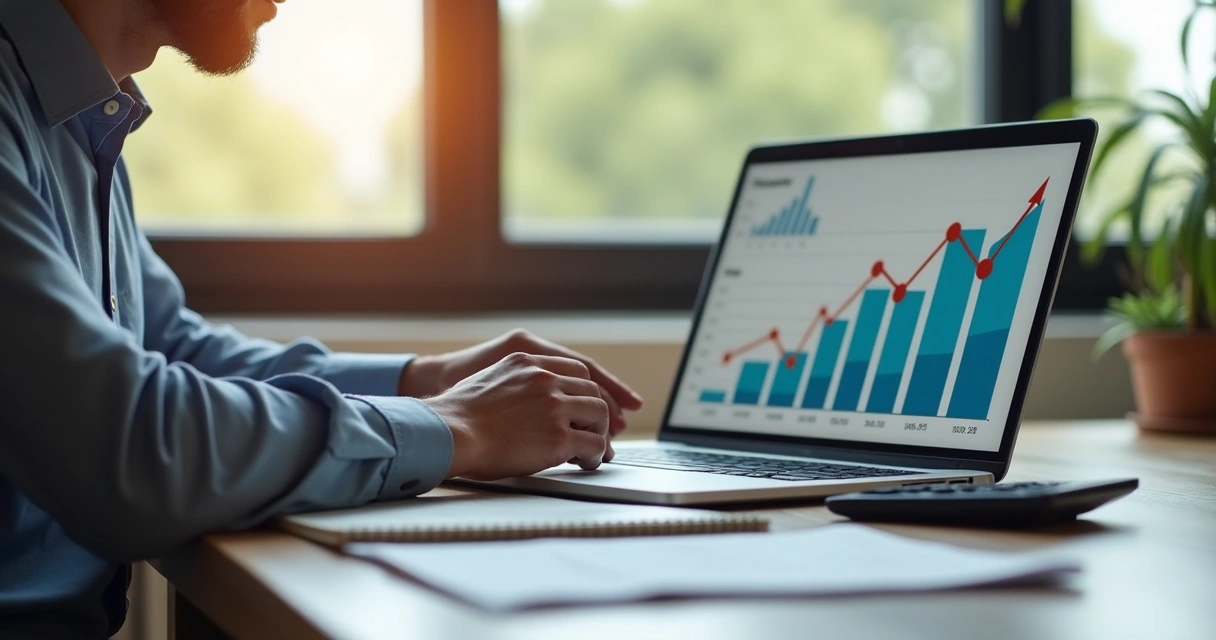 Empreendedor analisando gráfico de crescimento do negócio no computador 