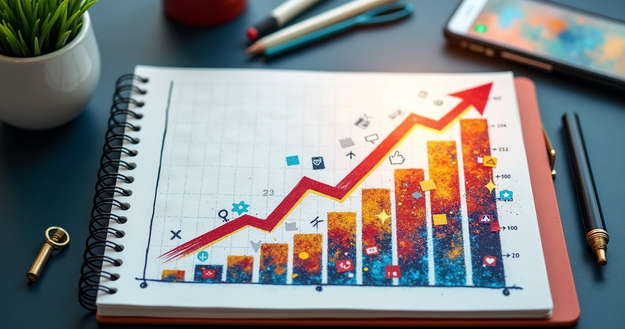 Gráfico de crescimento de negócio nas redes sociais em notebook 