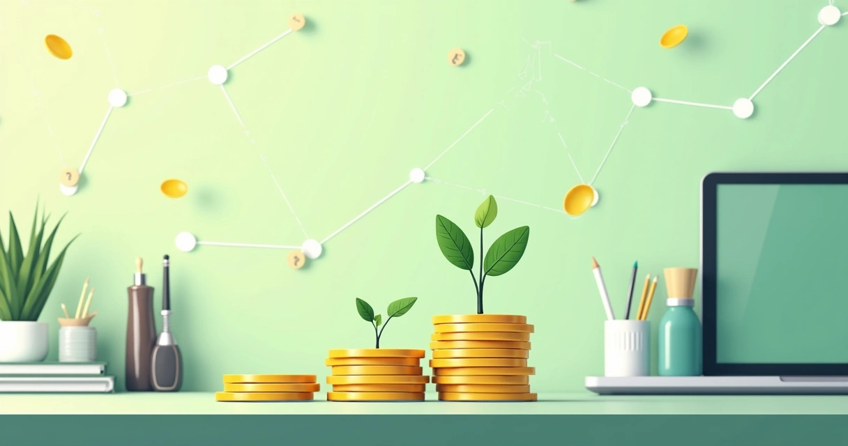 Planta crescendo ao lado de moedas empilhadas em ambiente de escritório