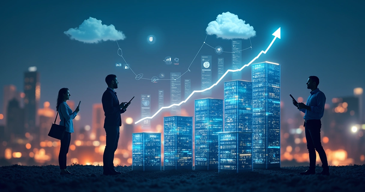 Empresa crescendo com o apoio de softwares SaaS em nuvem e gráficos ascendentes