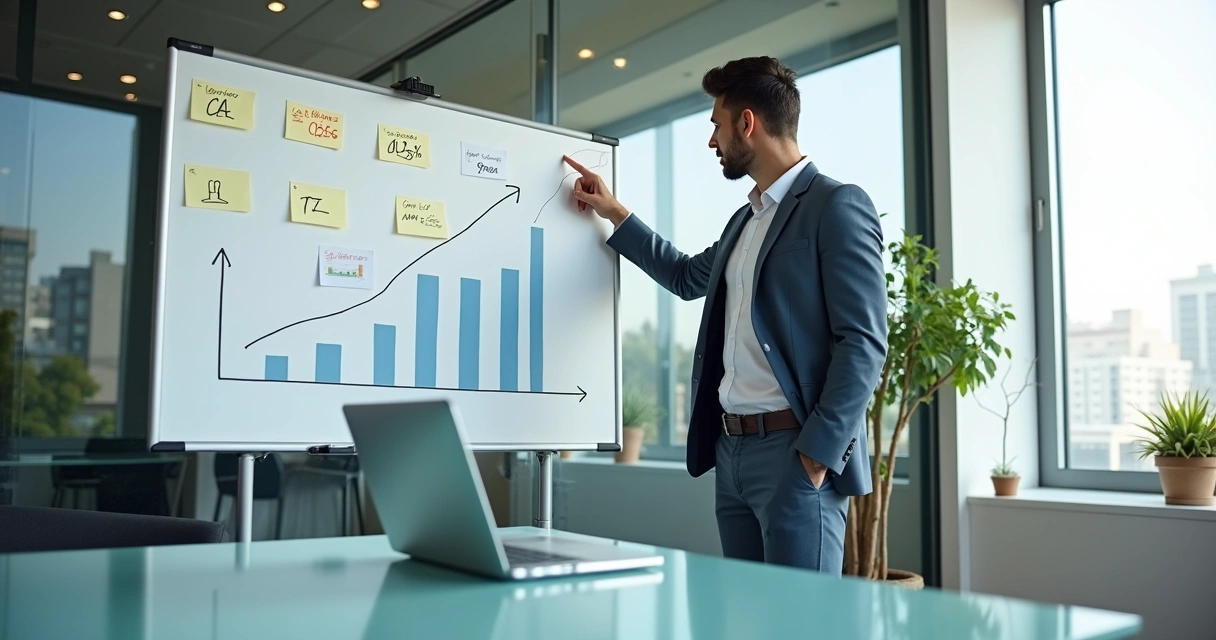 Dono de PME avaliando indicadores de crescimento e saúde em ambiente de empresa moderna 