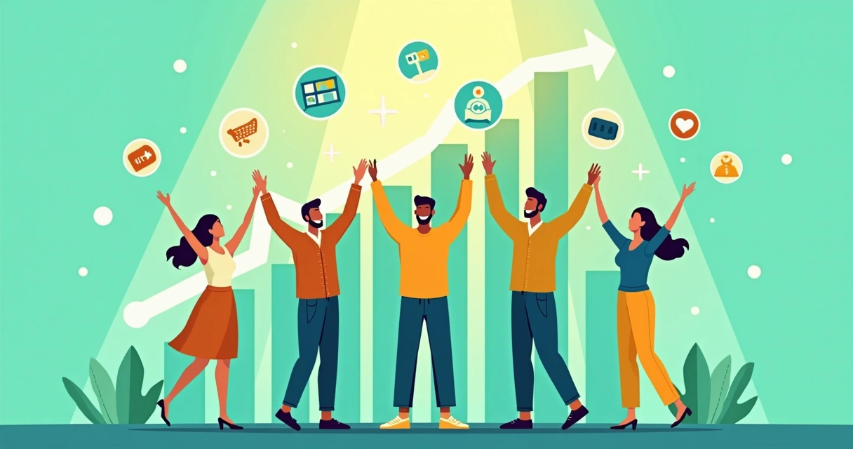 Lojistas celebrando crescimento com gráfico de crescimento no fundo. 