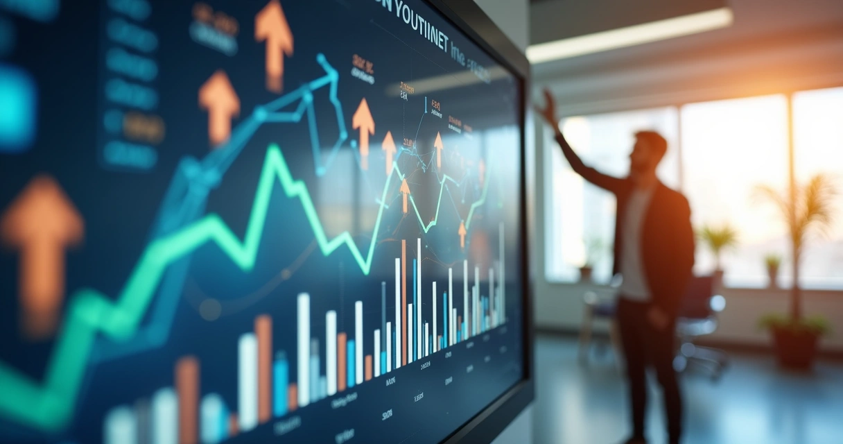 Negócio digital crescendo com flechas e gráficos positivos 