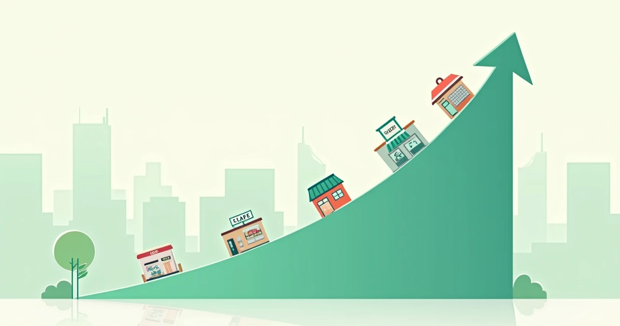 Gráfico subindo com negócios locais crescendo ao redor 