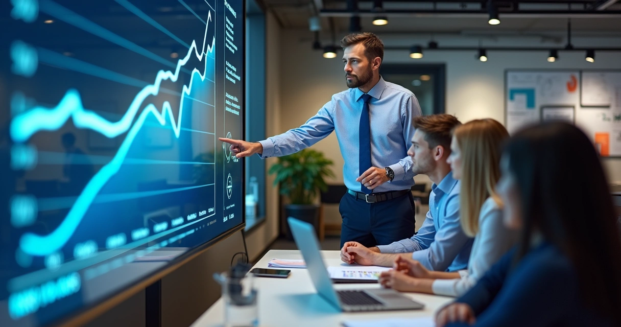 Gráfico de crescimento de ROI em tela, pessoa apontando resultado 