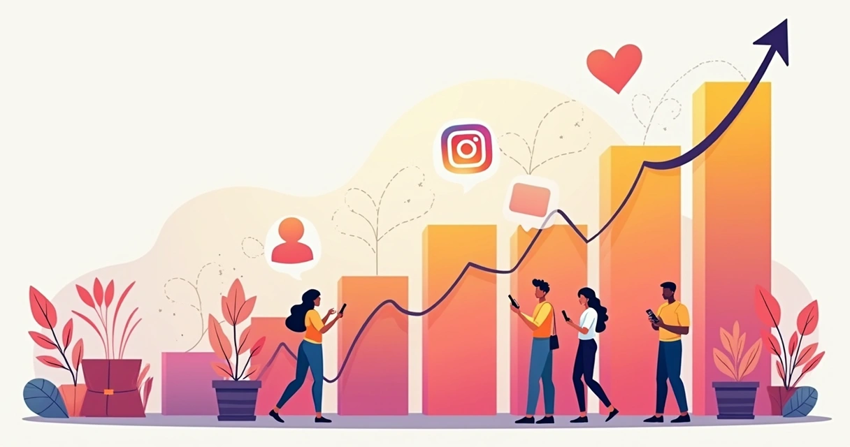 Gráfico colorido subindo com ícones de redes sociais ao redor e pessoas interagindo 