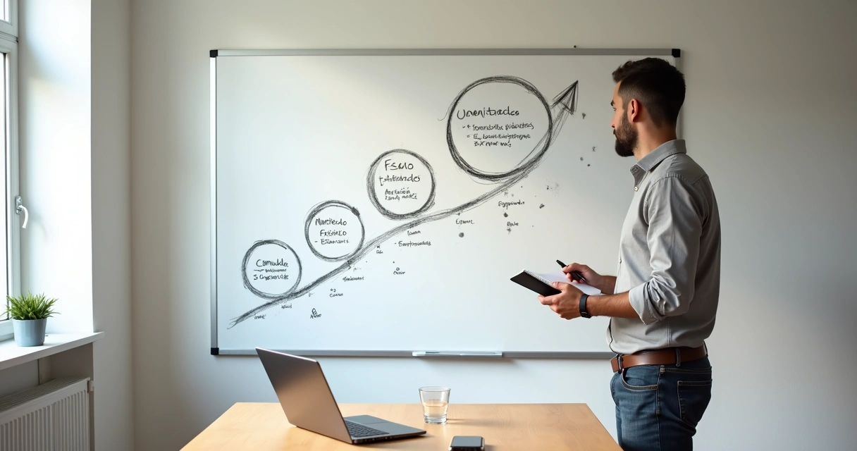 Empresário analisa painel desenhando plano de crescimento orgânico por fases 