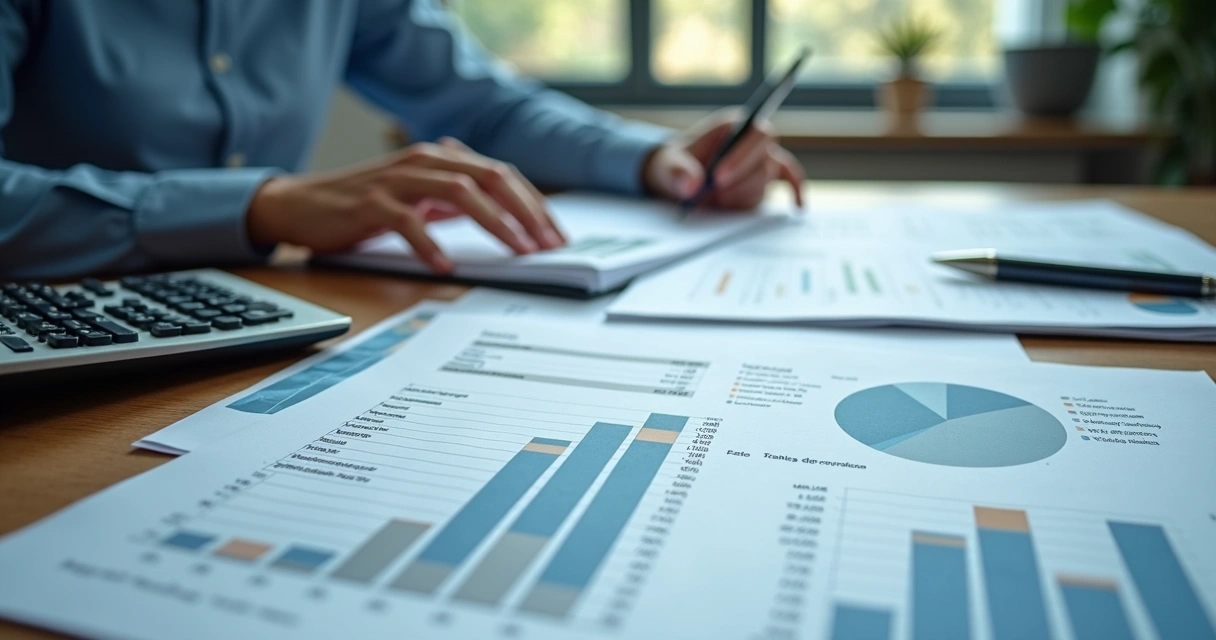 Balanço patrimonial com gráficos crescendo e papéis de declaração