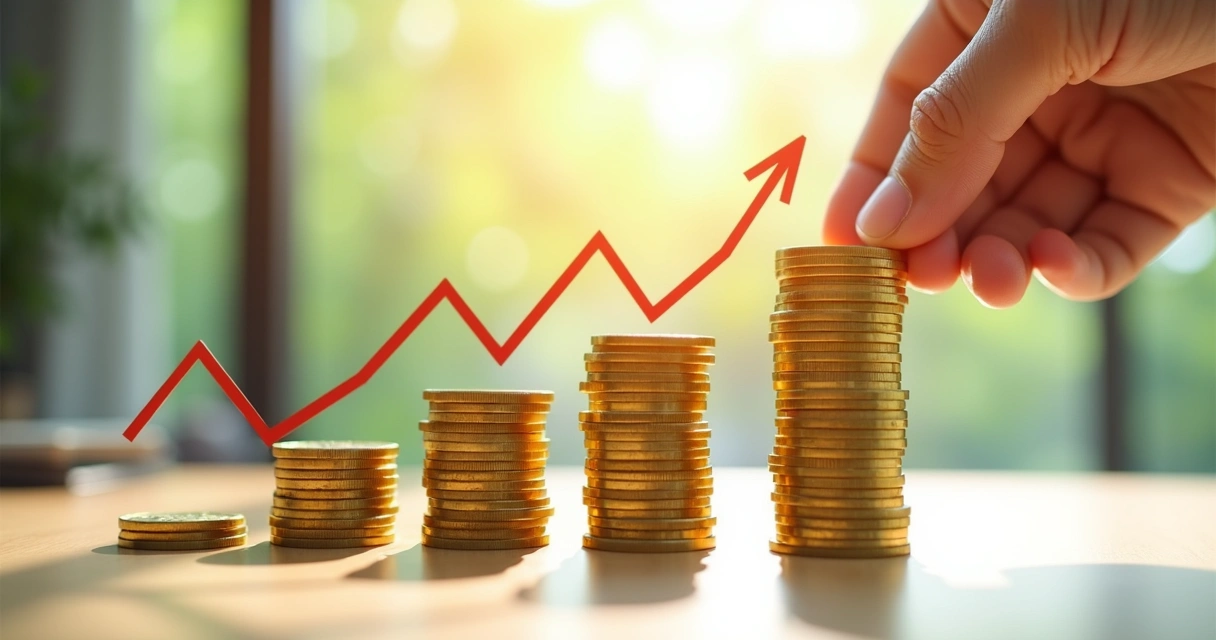 Gráfico subindo com moedas ao redor, indicando crescimento de patrimônio 