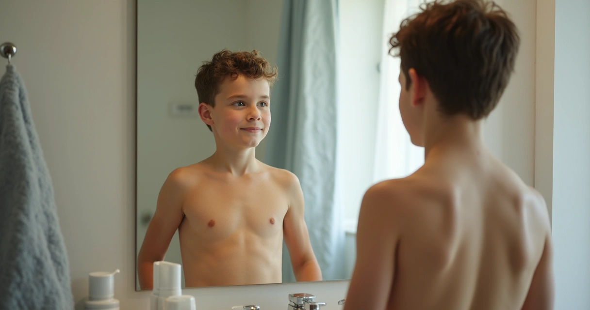 Jovem olhando no espelho examinando desenvolvimento físico