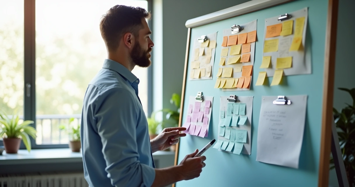 Profissional em ambiente de escritório olhando motivado para o quadro de metas no trabalho 