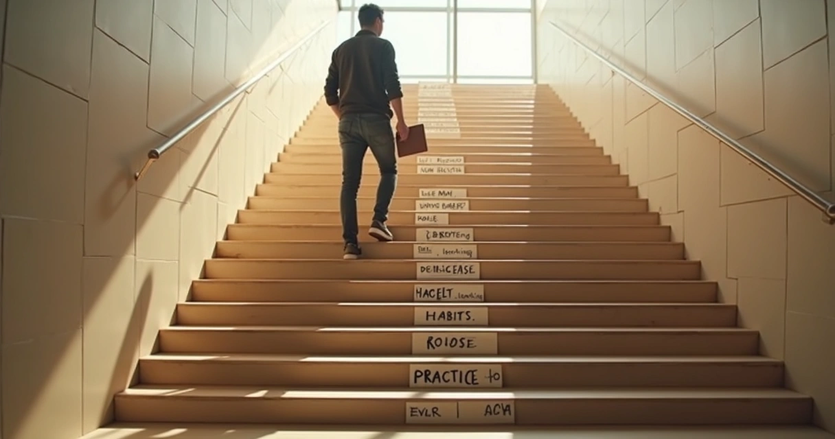 Pessoa subindo degraus com anotações de metas e aprendizado 