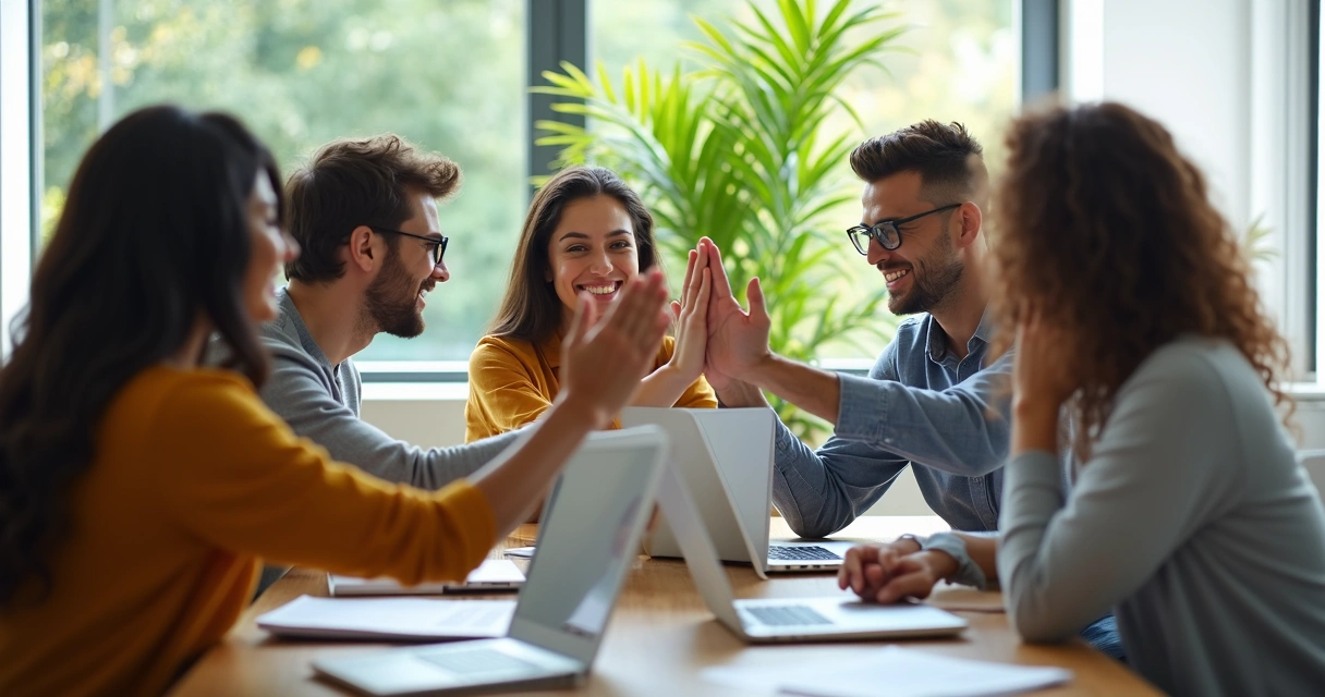 Equipe reunida após resolver conflitos, mostrando expressão de crescimento e confiança 