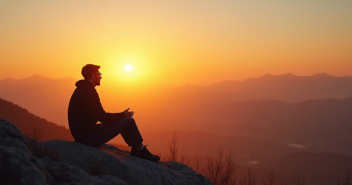 Pessoa sentada olhando paisagem ao pôr do sol, expressão reflexiva