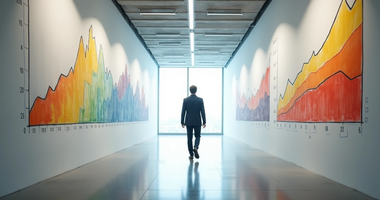 Profissional caminhando em corredor com paredes mostrando gráficos de crescimento 