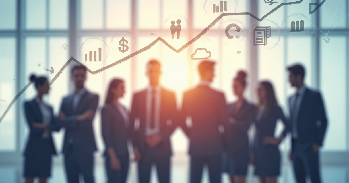 Equipe de trabalho crescendo juntos, com gráficos ascendentes e símbolos de evolução pessoal e profissional 