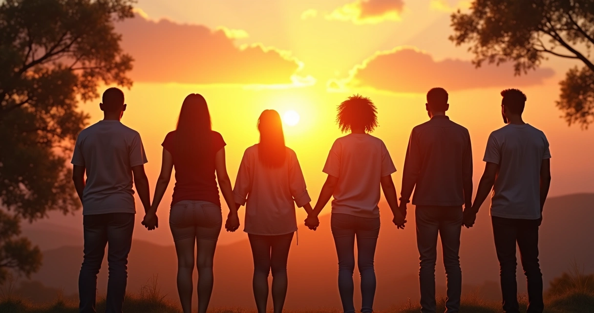 Pessoas de mãos dadas olhando para o horizonte ao pôr do sol 