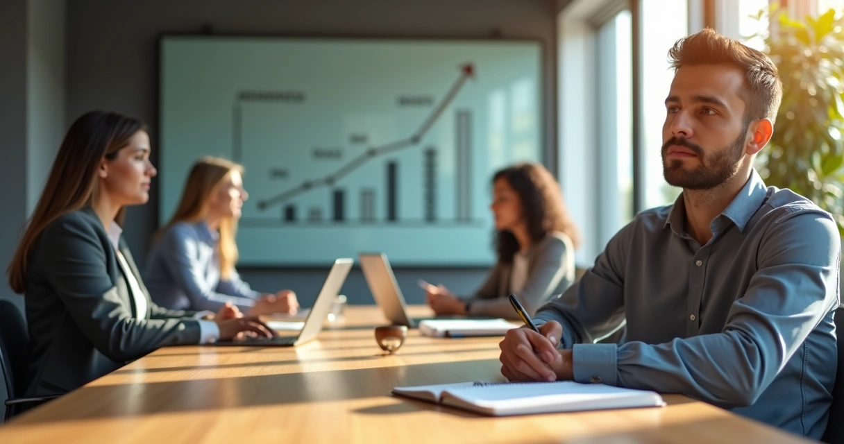 Profissional em reunião de equipe refletindo diante de quadro com metas e conexões humanas 