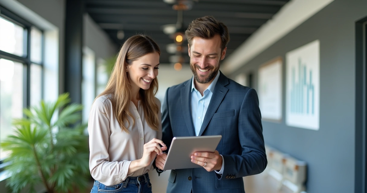 Mulher e homem conversando sorrindo enquanto apontam para gráficos em um tablet