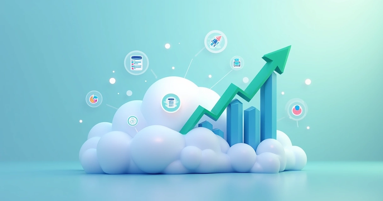 Gráfico de crescimento em nuvem, setas apontando para cima, nuvem digital ao fundo 