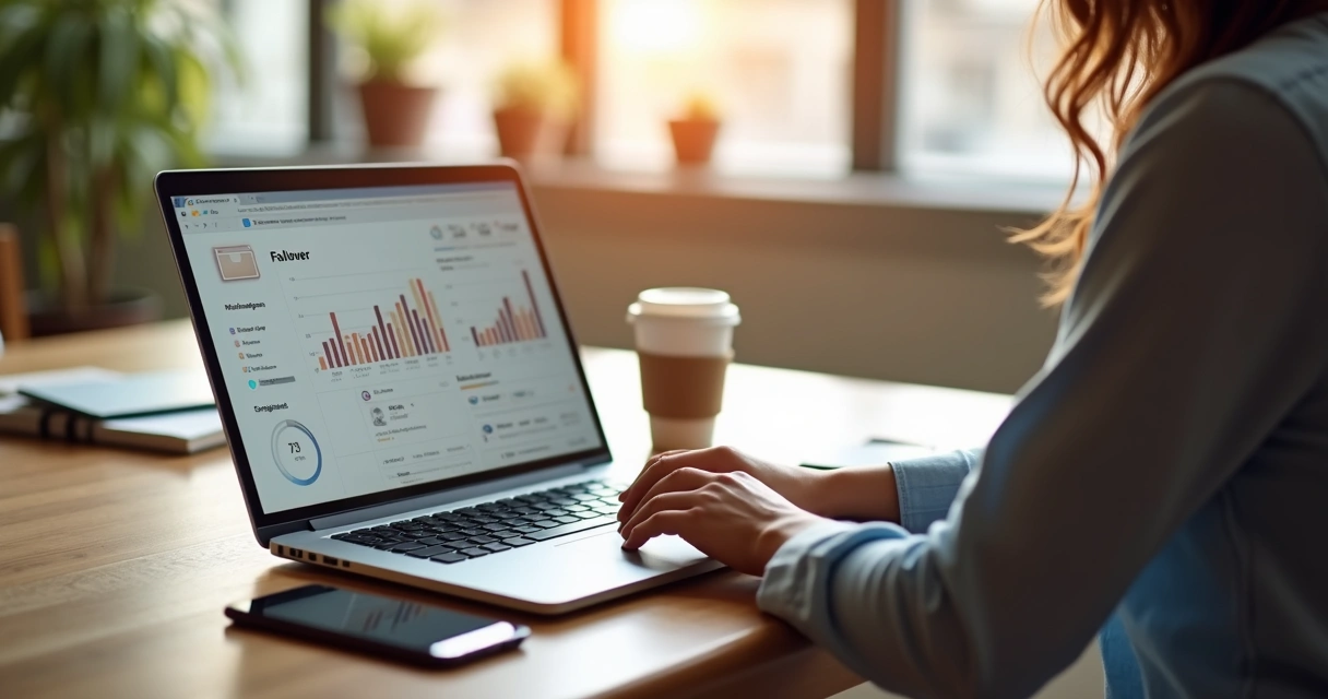 Pessoa analisando gráfico de crescimento em Instagram e interagindo com seguidores 