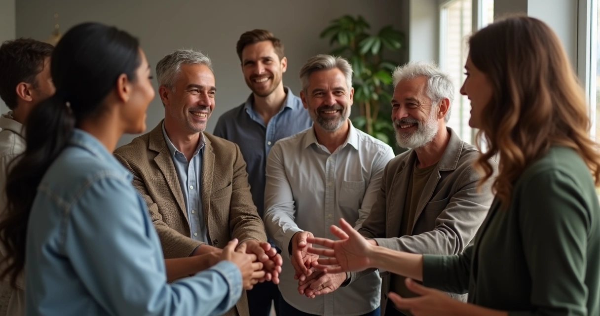Grupo de pessoas reunidas, sorriso no rosto, transmitindo sensação de crescimento após conflito 