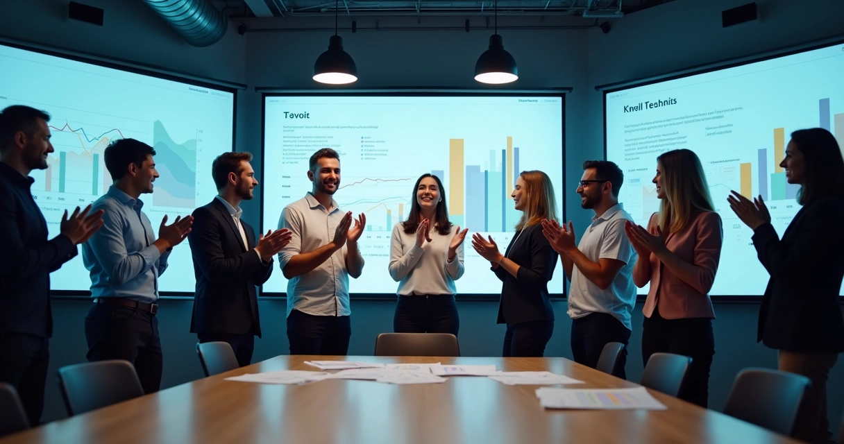 Equipe de vendas SaaS celebrando crescimento de resultados com gráficos digitais 