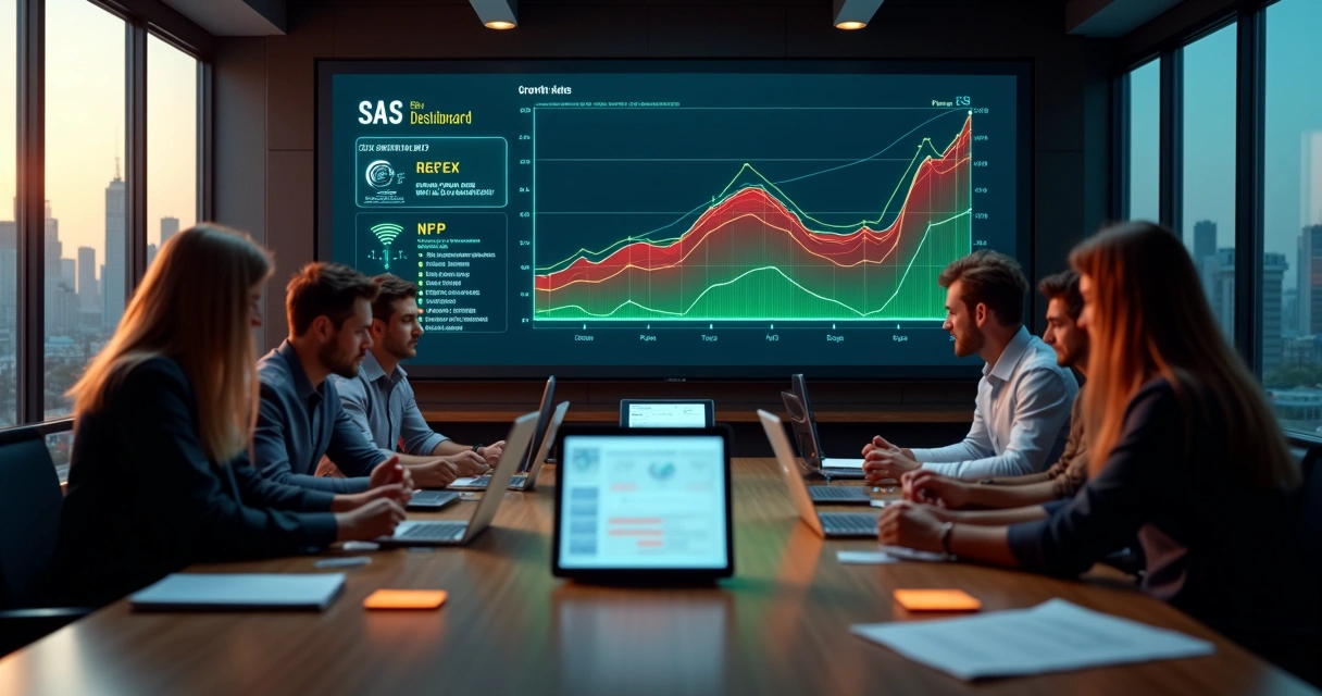 Painel de métricas SaaS destacando churn em queda e crescimento previsível 