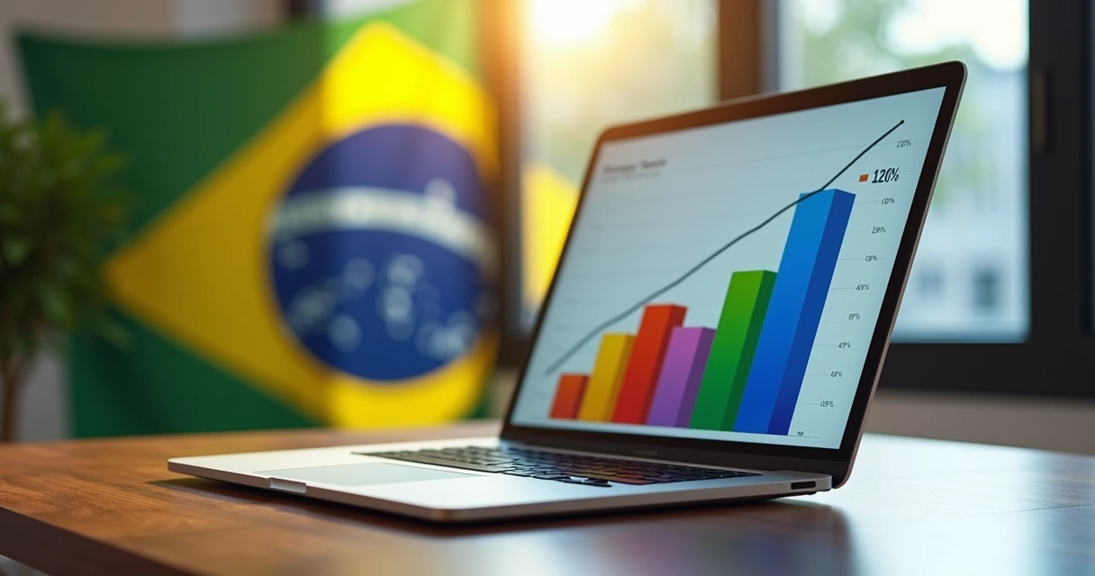 Gráfico subindo ao lado de um notebook, representando crescimento de startup no Brasil 