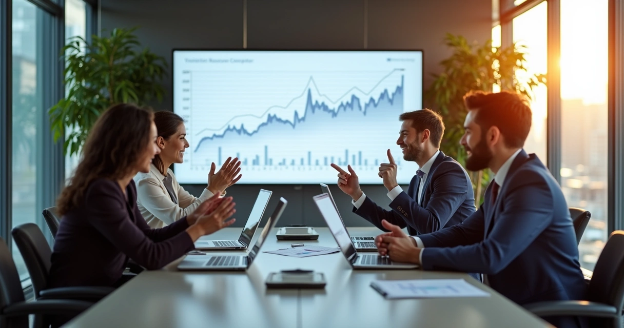 Equipe de contabilidade celebrando resultados positivos de crescimento 