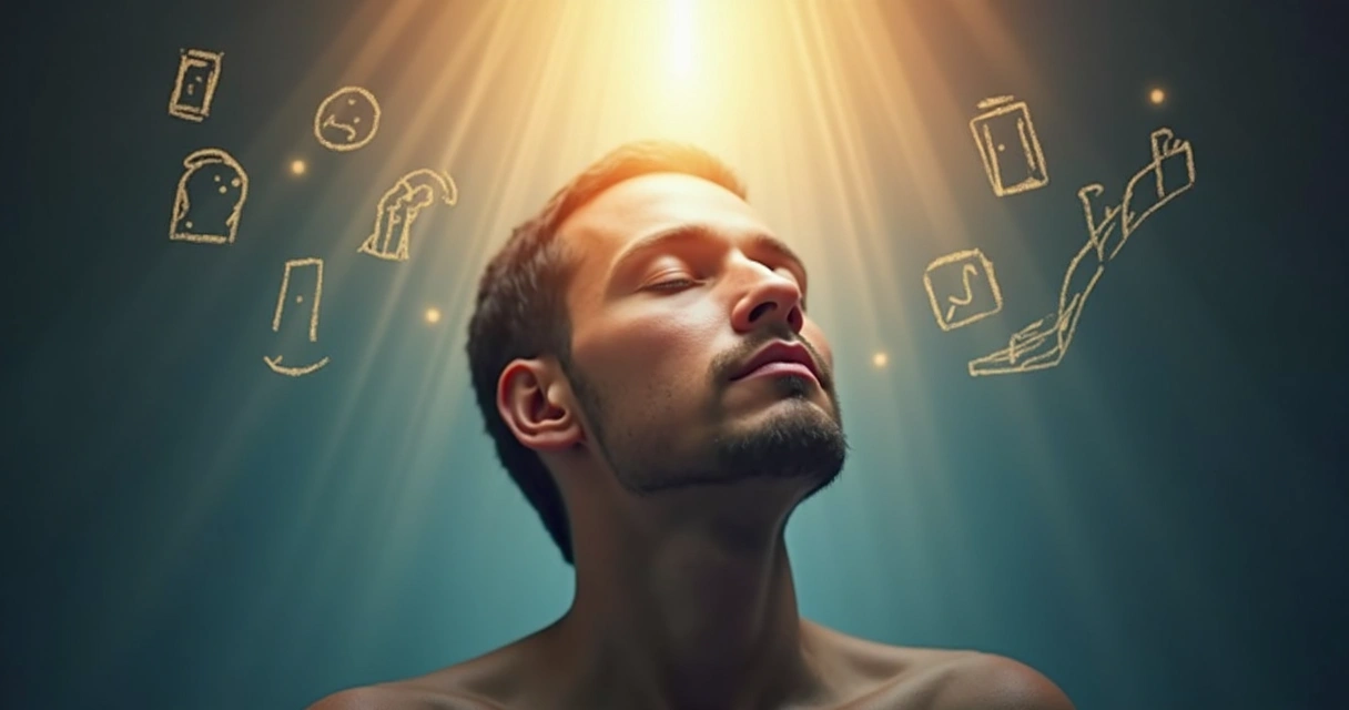 Pessoa de olhos fechados em meditação rodeada por símbolos de crescimento e superação 
