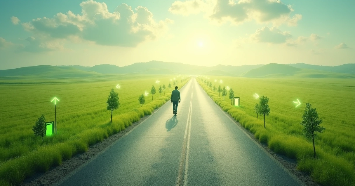 Pessoa caminhando em uma estrada aberta, cercada por símbolos de crescimento e possibilidades. 