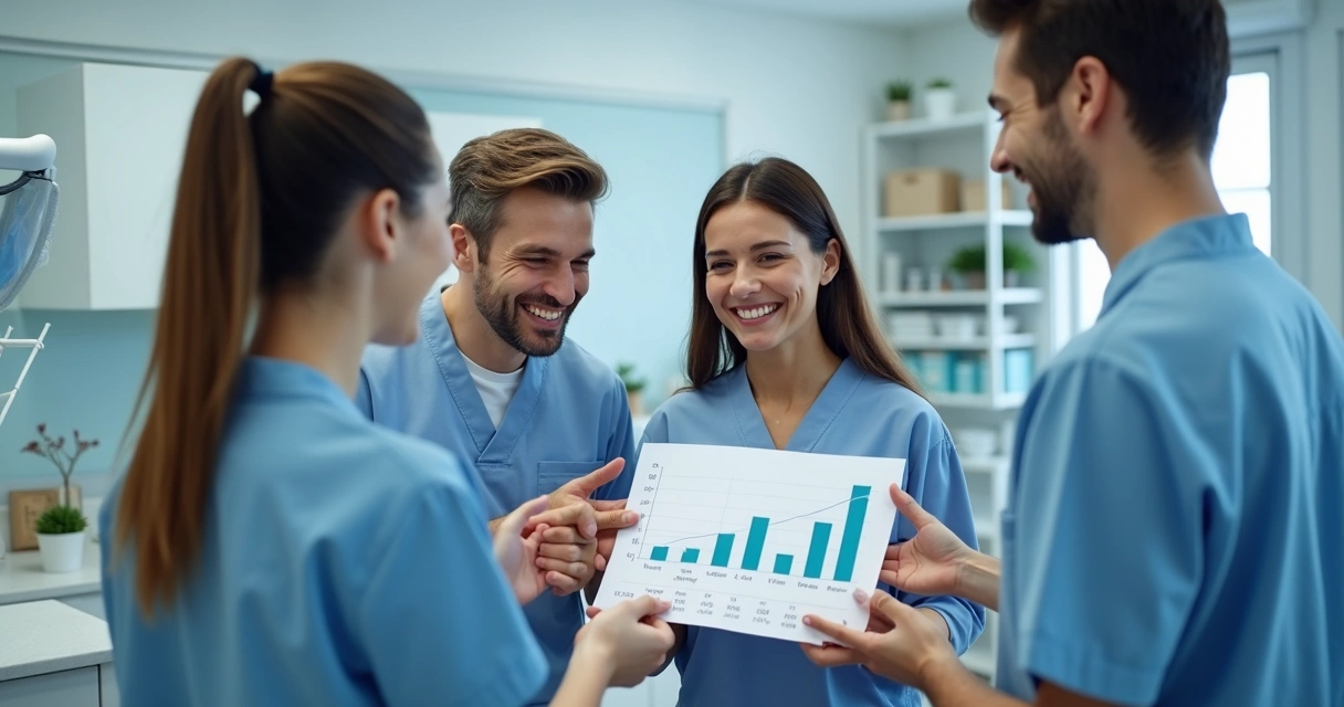 Equipe de clínica odontológica comemorando resultados financeiros crescentes e pacientes satisfeitos 