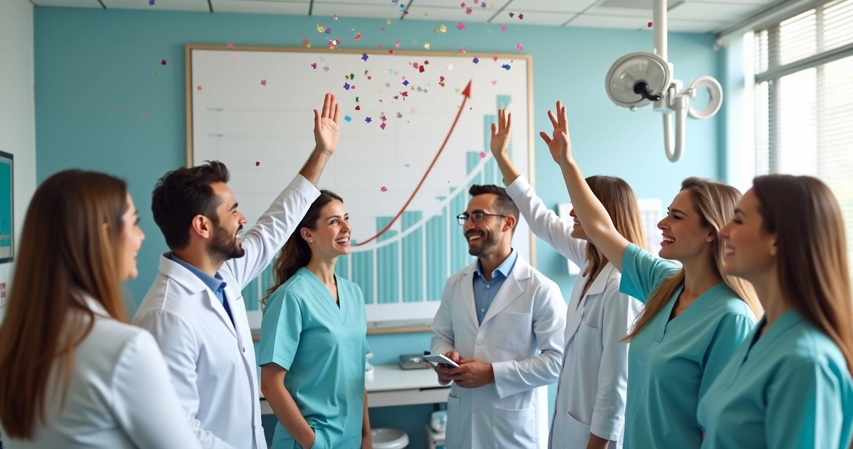 Equipe odontológica celebrando crescimento sustentável diante de gráfico de metas batidas