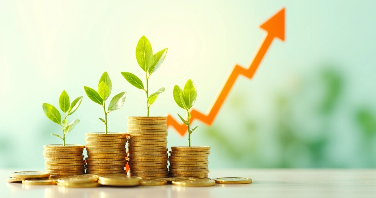 Gráfico de crescimento com plantas brotando em moedas 