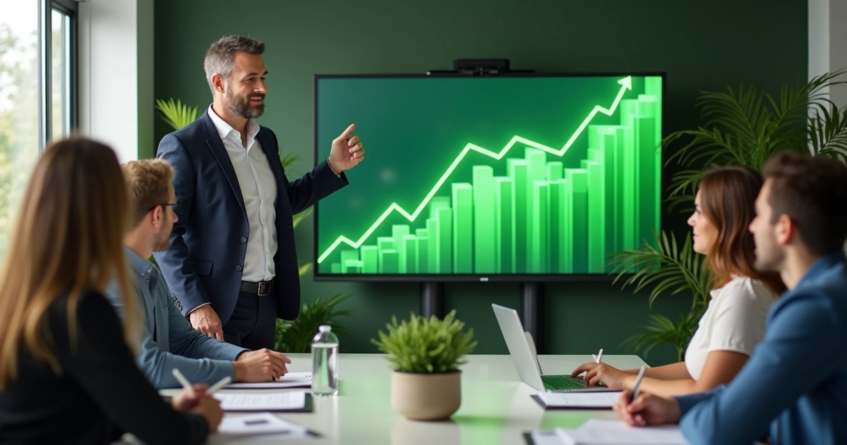 Gráfico de crescimento sustentável em reunião de equipe 