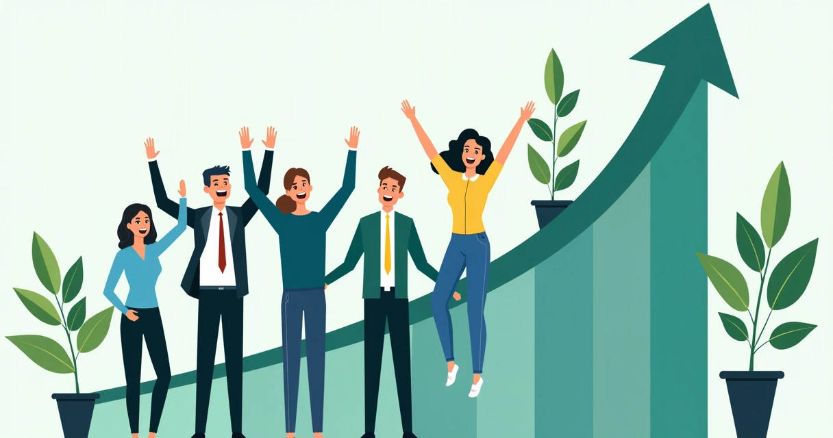 Gráfico de crescimento sustentável com equipe de negócios comemorando ao lado 