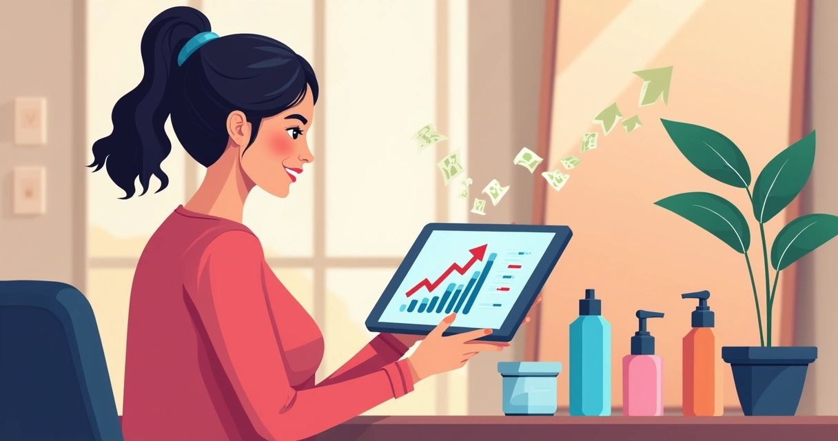Gráfico de crescimento de negócios de beleza em tablet, rodeado de produtos de beleza 