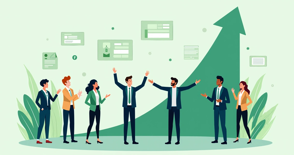 Gráfico de crescimento sustentável com equipe comemorando 