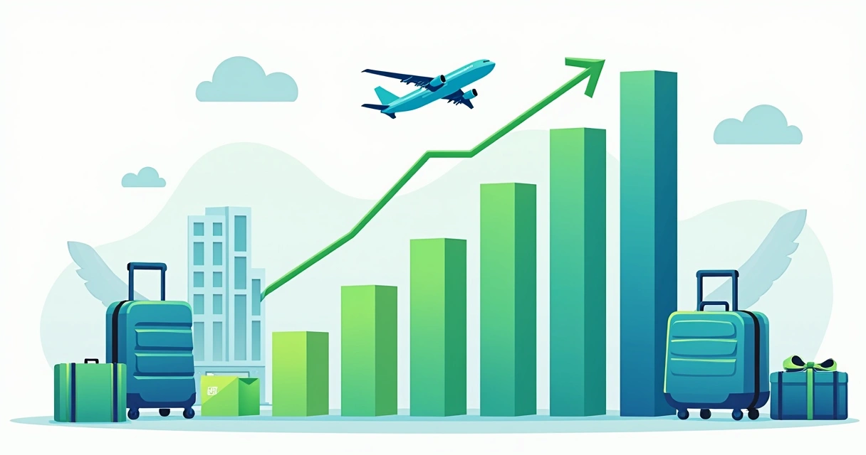 Gráfico mostrando aumento do faturamento do turismo corporativo em 2026 com elementos de viagens, como avião e hotel ao redor 