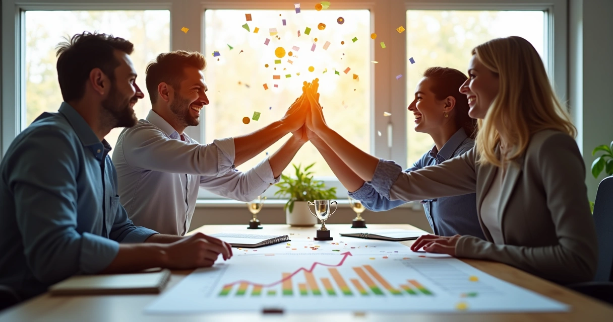 Equipe de vendas comemorando aumento de vendas 