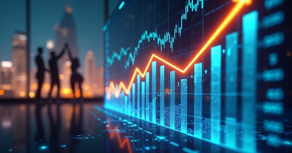 Gráficos de vendas e indicadores financeiros apontando crescimento e alta performance 