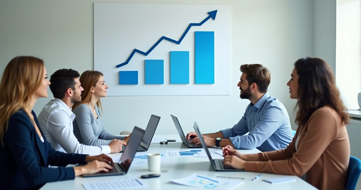 Gráfico em alta sendo apresentado a pequena equipe 