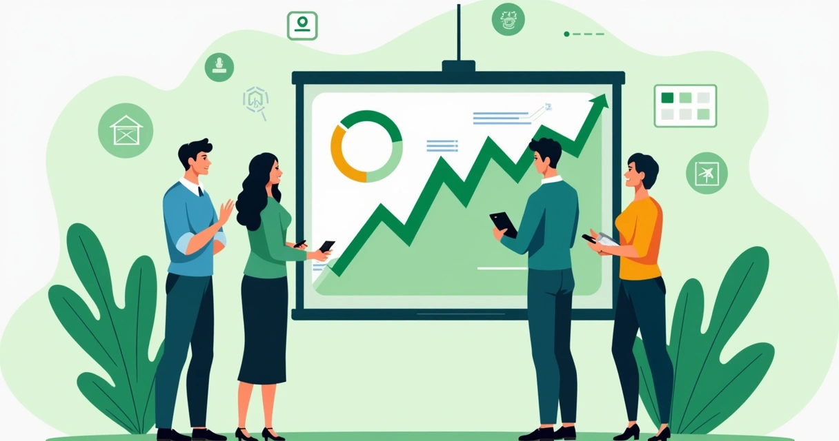 Gráfico de vendas subindo em tela de computador com equipe comemorando 