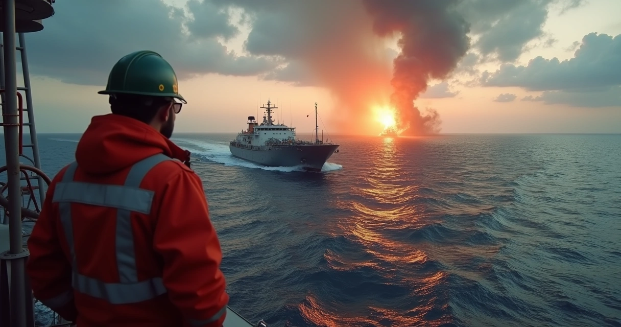 Crew on an oil tanker observing distant threat in the Strait of Hormuz