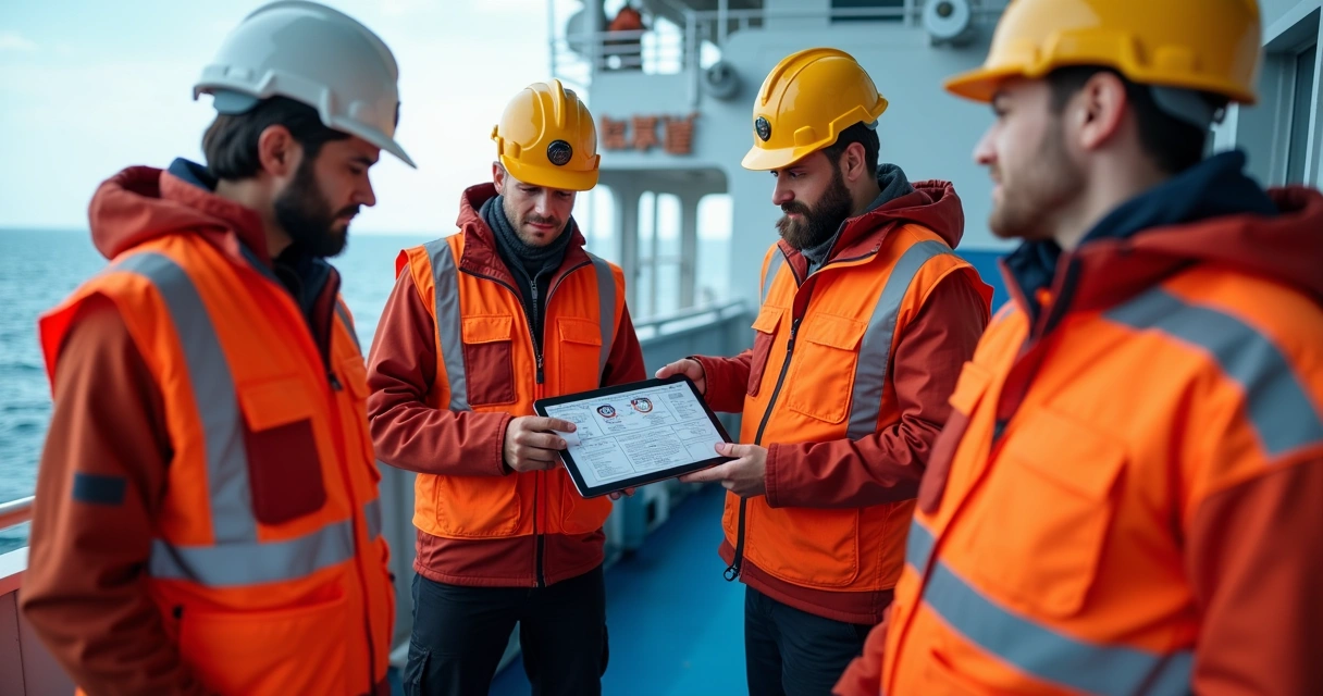 Crew in safety gear at ship’s meeting