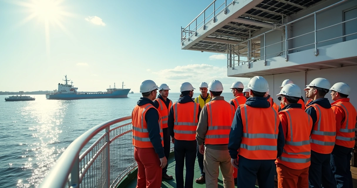 Maritime crew doing safety training onboard with renewable energy panels in background