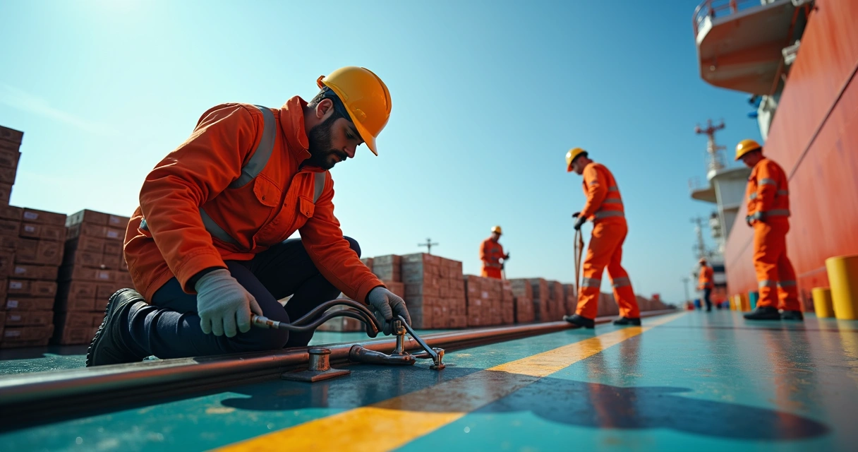 Crew member using ergonomic tool on ship deck 