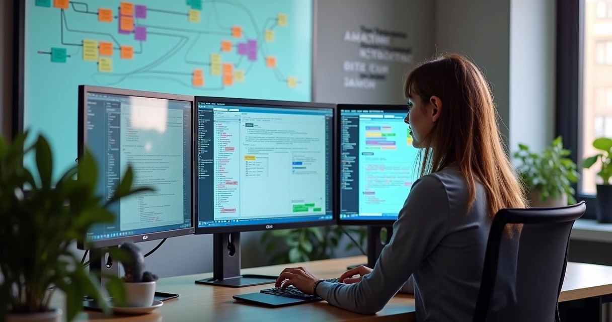 Desenvolvedor programando agentes autônomos de IA em uma tela cheia de fluxos e gráficos coloridos 
