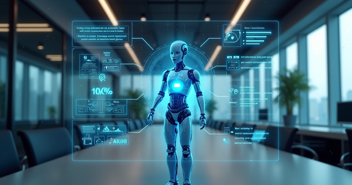 Interface digital com gráficos, código e ícones representando agentes de IA autônomos em ambiente empresarial moderno 